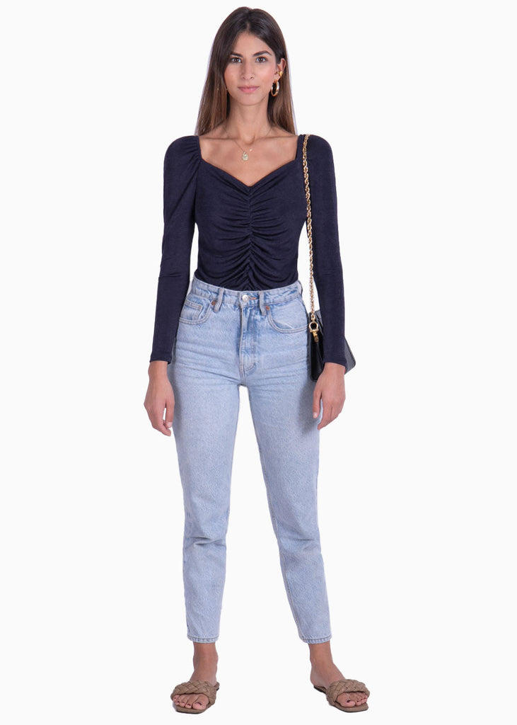 Blusa manga larga con recogido en frente color azul para mujer - Flashy