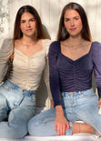 Blusa manga larga con recogido en frente color azul para mujer - Flashy