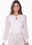 Blusa manga larga con recogido en hombros color blanco para mujer - Flashy