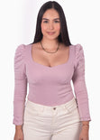 Blusa manga larga con recogido y escote corazon color morado, lila para mujer - Flashy