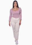 Blusa manga larga con recogido y escote corazon color morado, lila para mujer - Flashy
