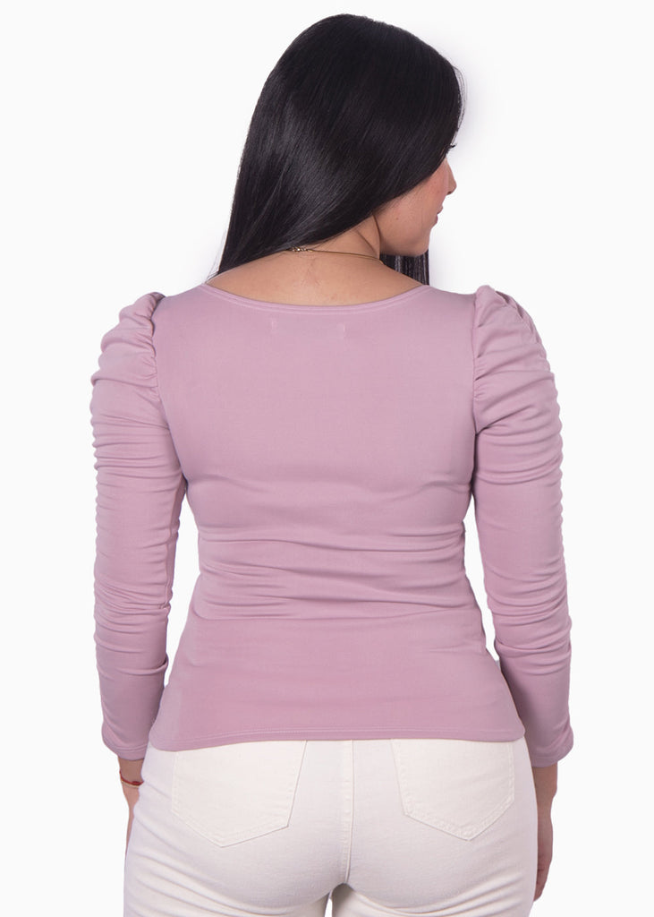 Blusa manga larga con recogido y escote corazon color morado, lila para mujer - Flashy