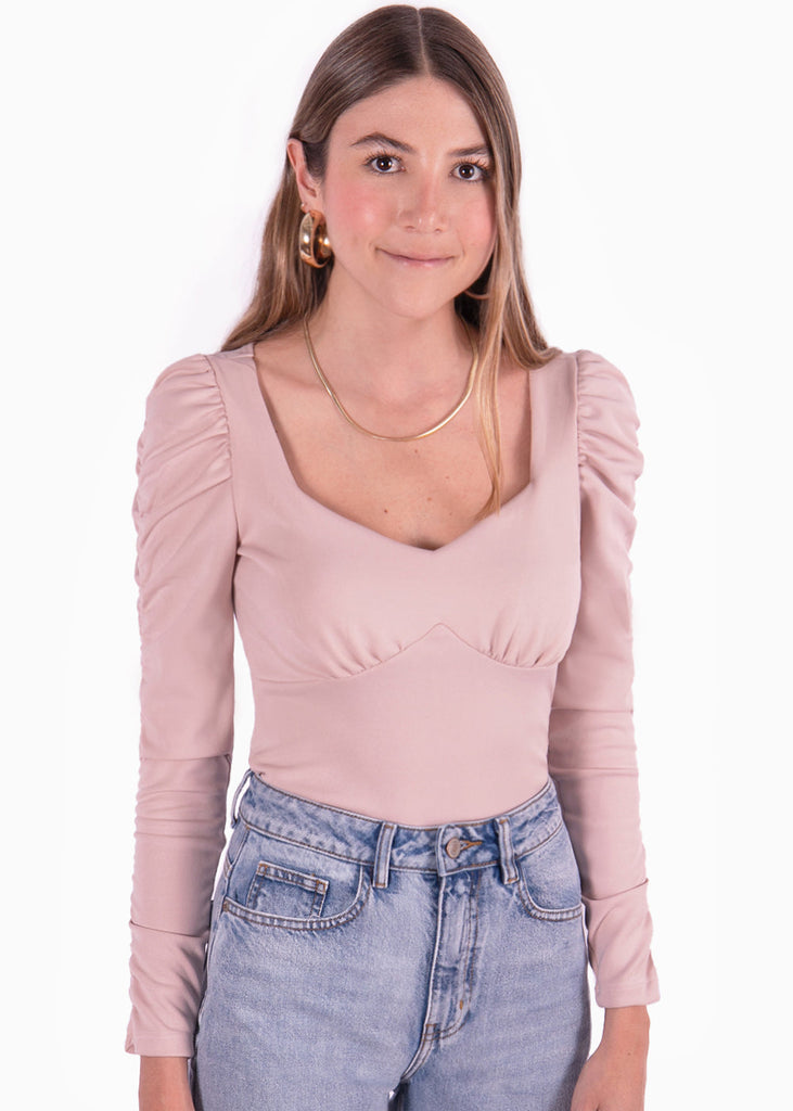 Blusa manga larga con recogido y escote corazon color rosado para mujer - Flashy