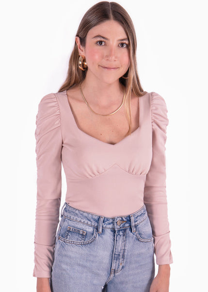 Blusa manga larga con recogido y escote corazon color rosado para mujer - Flashy