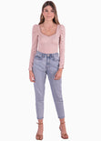 Blusa manga larga con recogido y escote corazon color rosado para mujer - Flashy