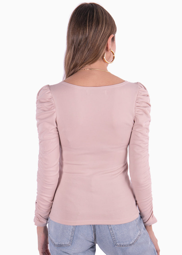 Blusa manga larga con recogido y escote corazon color rosado para mujer - Flashy