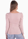 Blusa manga larga con recogido y escote corazon color rosado para mujer - Flashy