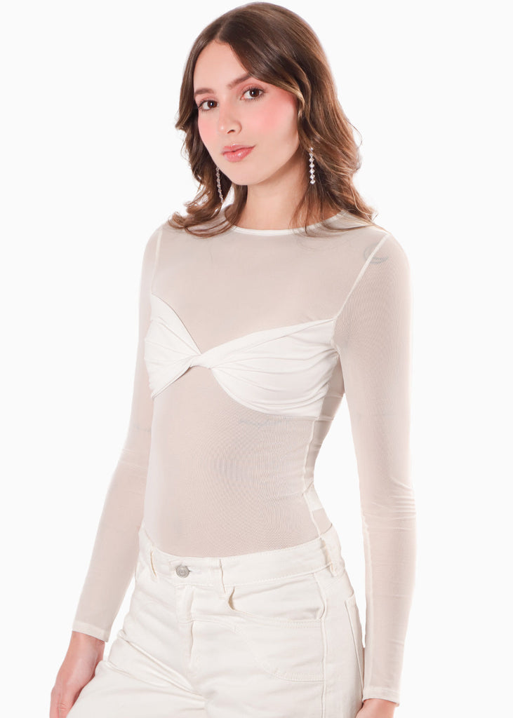 Blusa manga larga con top entorchado color blanco, marfil para mujer - Flashy