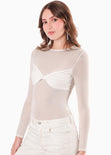 Blusa manga larga con top entorchado color blanco, marfil para mujer - Flashy