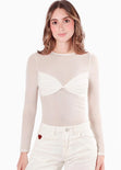 Blusa manga larga con top entorchado color blanco, marfil para mujer - Flashy