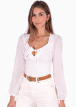 Blusa manga larga con transparencia y amarre en escote color blanco para mujer - Flashy