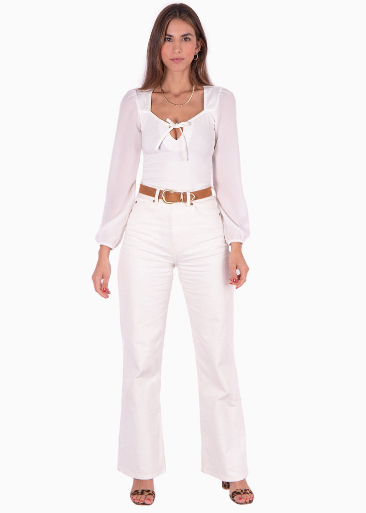 Blusa manga larga con transparencia y amarre en escote color blanco para mujer - Flashy