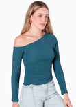 Blusa manga larga con un hombro descubierto y ruedo asimétrico color azul para mujer - Flashy