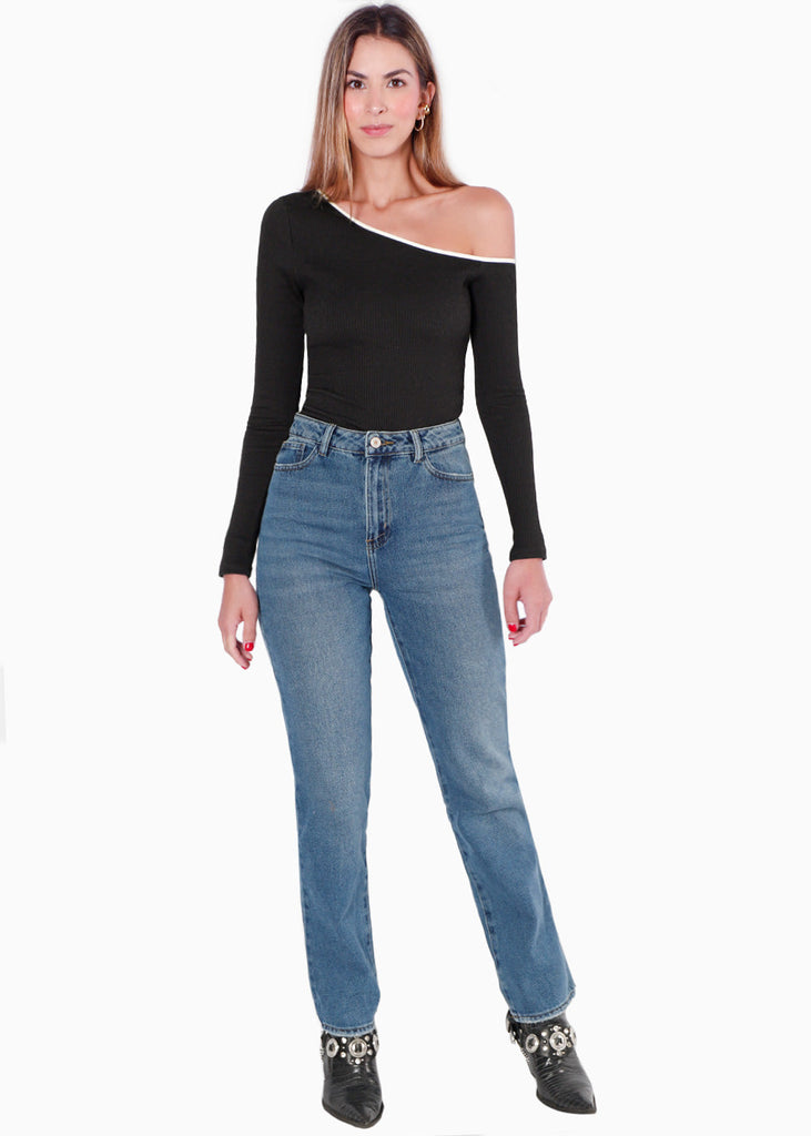 Blusa manga larga con un hombro descubierto y sesgo en contraste en escote color negro para mujer - Flashy