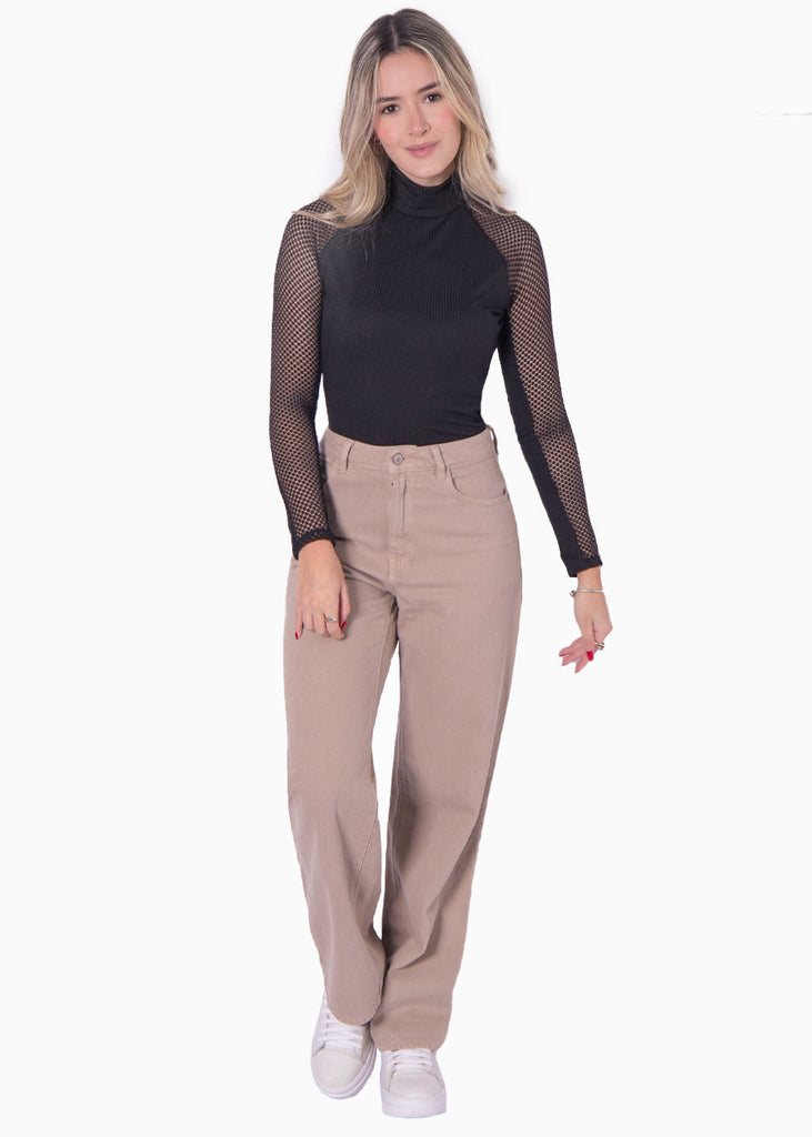 Blusa manga larga, cuello tortuga con encaje en mangas color negro para mujer - Flashy