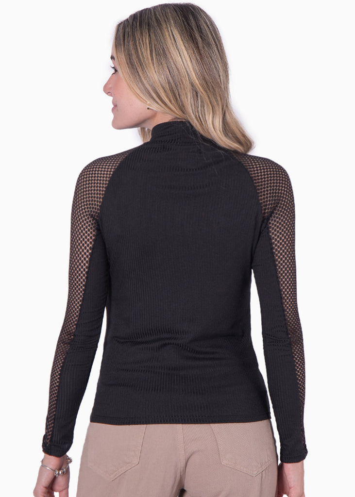Blusa manga larga, cuello tortuga con encaje en mangas color negro para mujer - Flashy