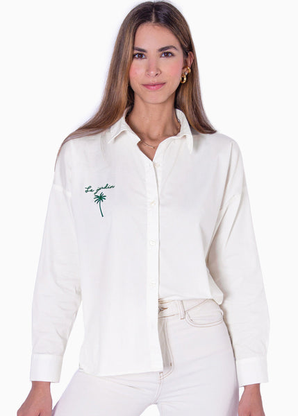 Blusa manga larga de botones y con bordado color marfil para mujer - Flashy