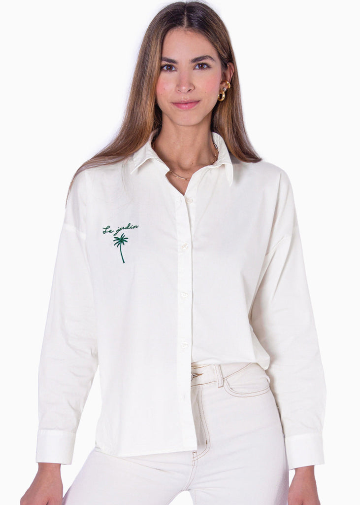 Blusa manga larga de botones y con bordado color marfil para mujer - Flashy
