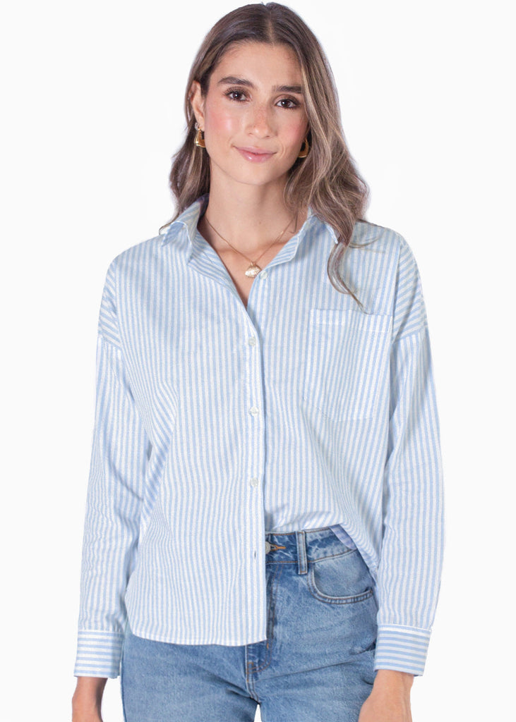 Blusa manga larga de botones color azul para mujer - Flashy