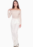 Blusa manga larga de malla con escote off shoulder color beige para mujer - Flashy