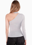 Blusa manga larga de un solo hombro con cuello alto color azul para mujer - Flashy