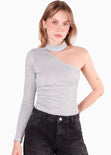 Blusa manga larga de un solo hombro con cuello alto color azul para mujer - Flashy
