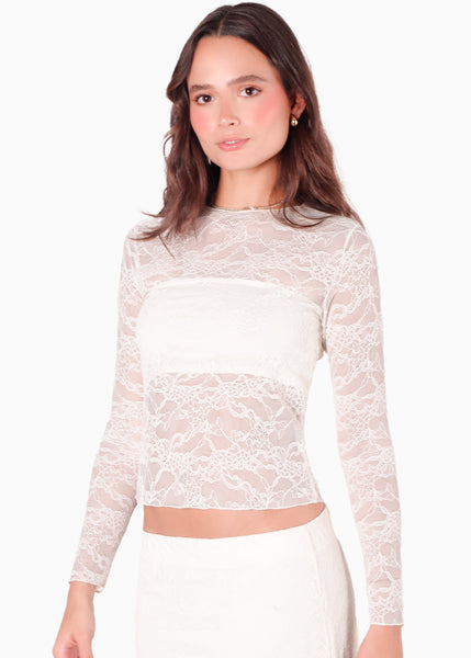 Blusa manga larga en blonda con top interno color blanco, marfil para mujer - Flashy