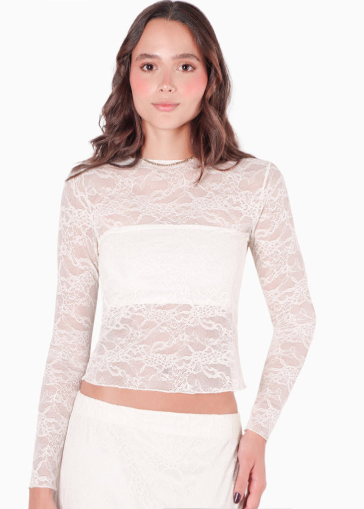 Blusa manga larga en blonda con top interno color blanco, marfil para mujer - Flashy