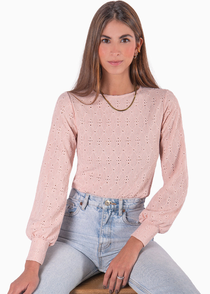 Blusa manga larga en ojalillo y mangas englobadas color rosado para mujer - Flashy