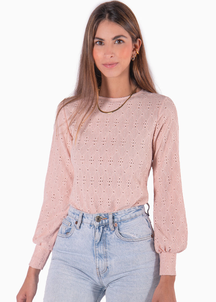 Blusa manga larga en ojalillo y mangas englobadas color rosado para mujer - Flashy