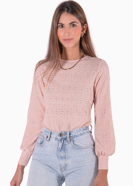 Blusa manga larga en ojalillo y mangas englobadas color rosado para mujer - Flashy