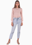 Blusa manga larga en ojalillo y mangas englobadas color rosado para mujer - Flashy