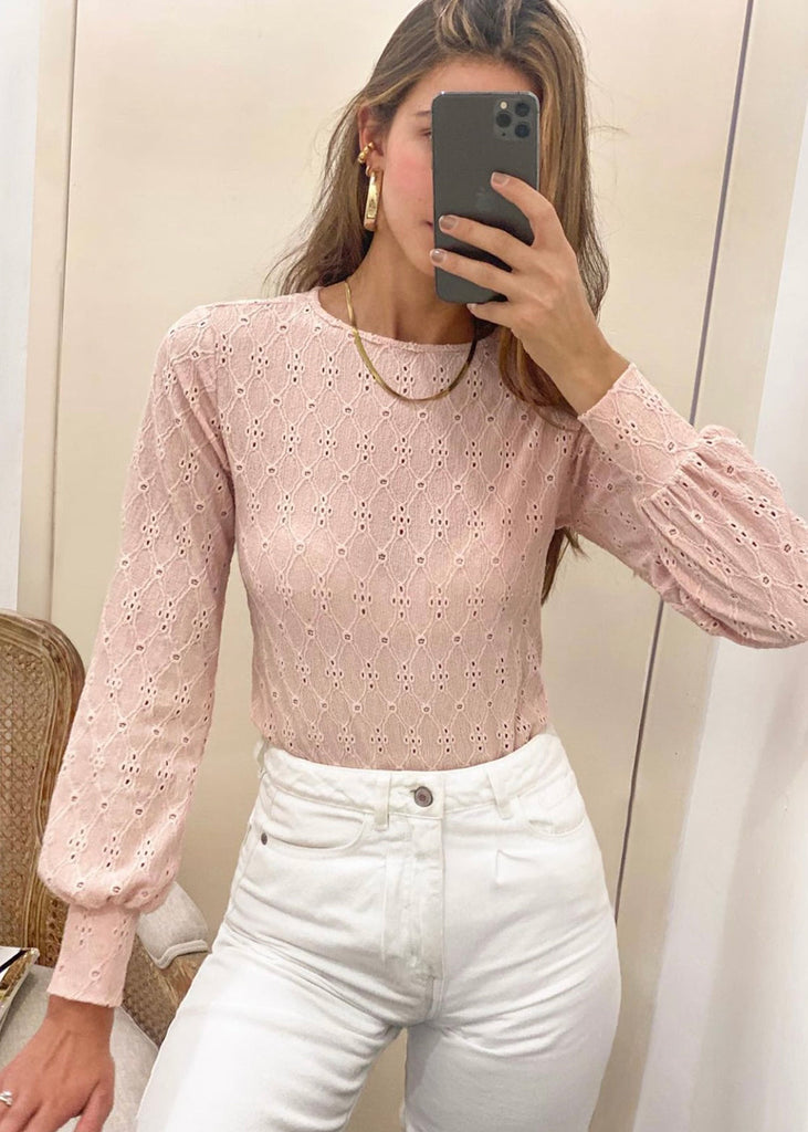 Blusa manga larga en ojalillo y mangas englobadas color rosado para mujer - Flashy