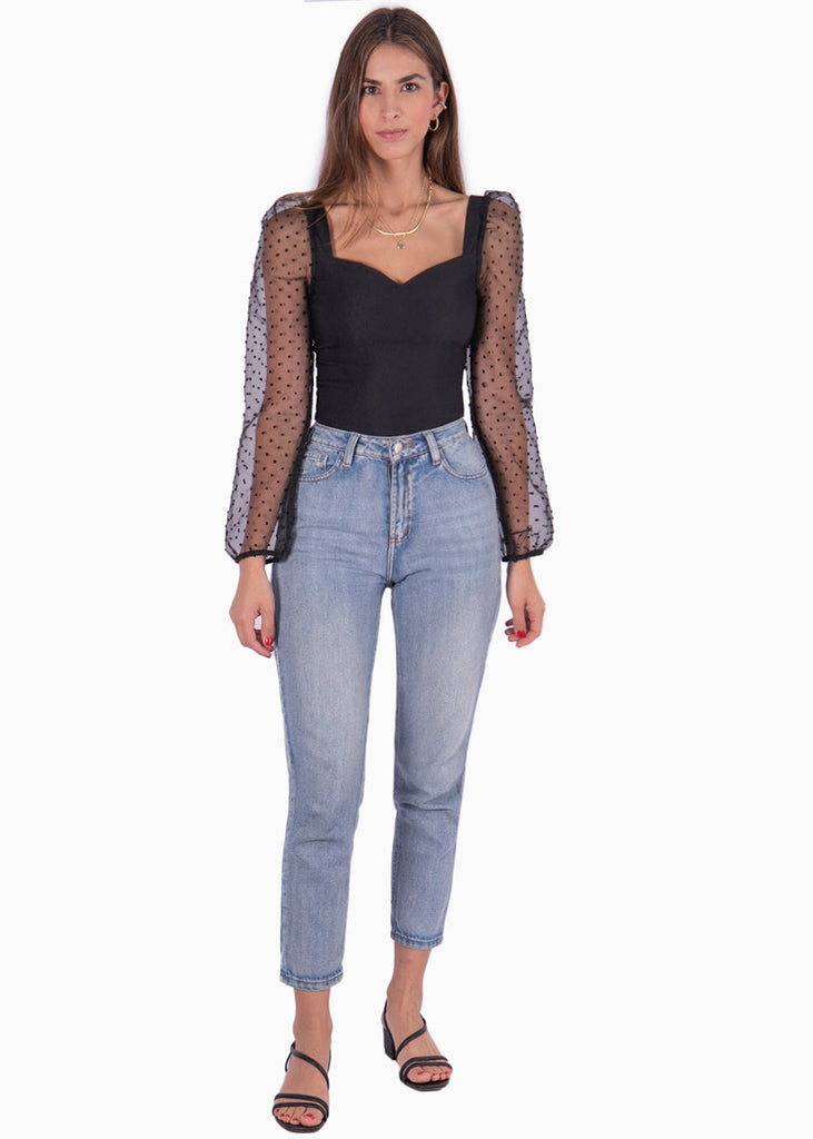 Blusa manga larga en transparencia con escote cuadrado color negro para mujer - Flashy