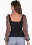 Blusa manga larga en transparencia con escote cuadrado color negro para mujer - Flashy