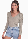 Buzo manga larga, escote en v y recogido en hombros color gris para mujer - Flashy
