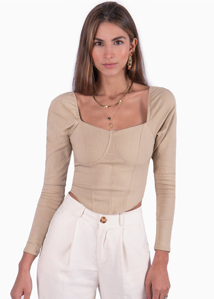 Blusa manga larga tipo corset color beige para mujer - Flashy