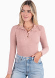 Blusa manga larga tipo polo color rosado para mujer - Flashy