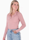 Blusa manga larga tipo polo color rosado para mujer - Flashy