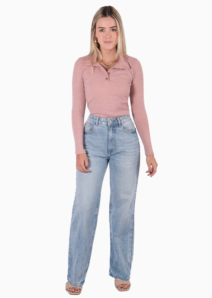 Blusa manga larga tipo polo color rosado para mujer - Flashy