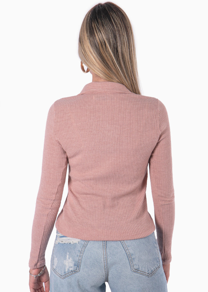 Blusa manga larga tipo polo color rosado para mujer - Flashy
