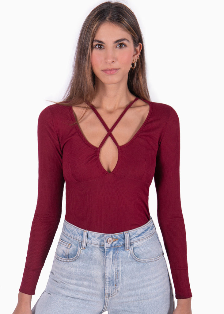 Blusa manga larga y escote con recogido color vino para mujer - Flashy