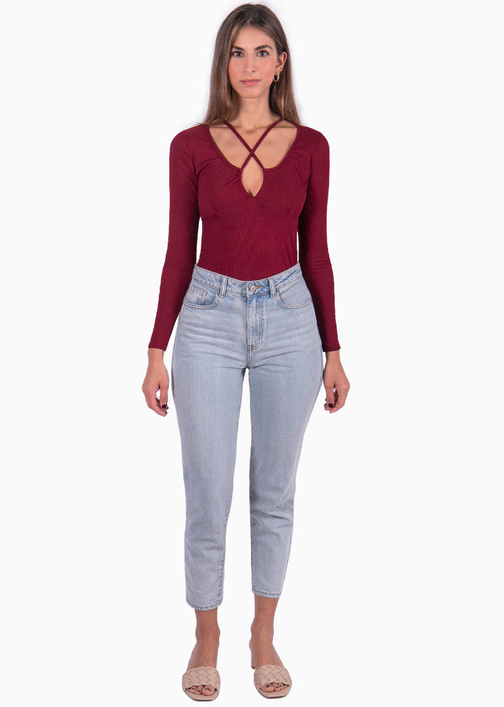 Blusa manga larga y escote con recogido color vino para mujer - Flashy