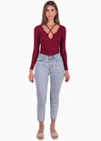 Blusa manga larga y escote con recogido color vino para mujer - Flashy