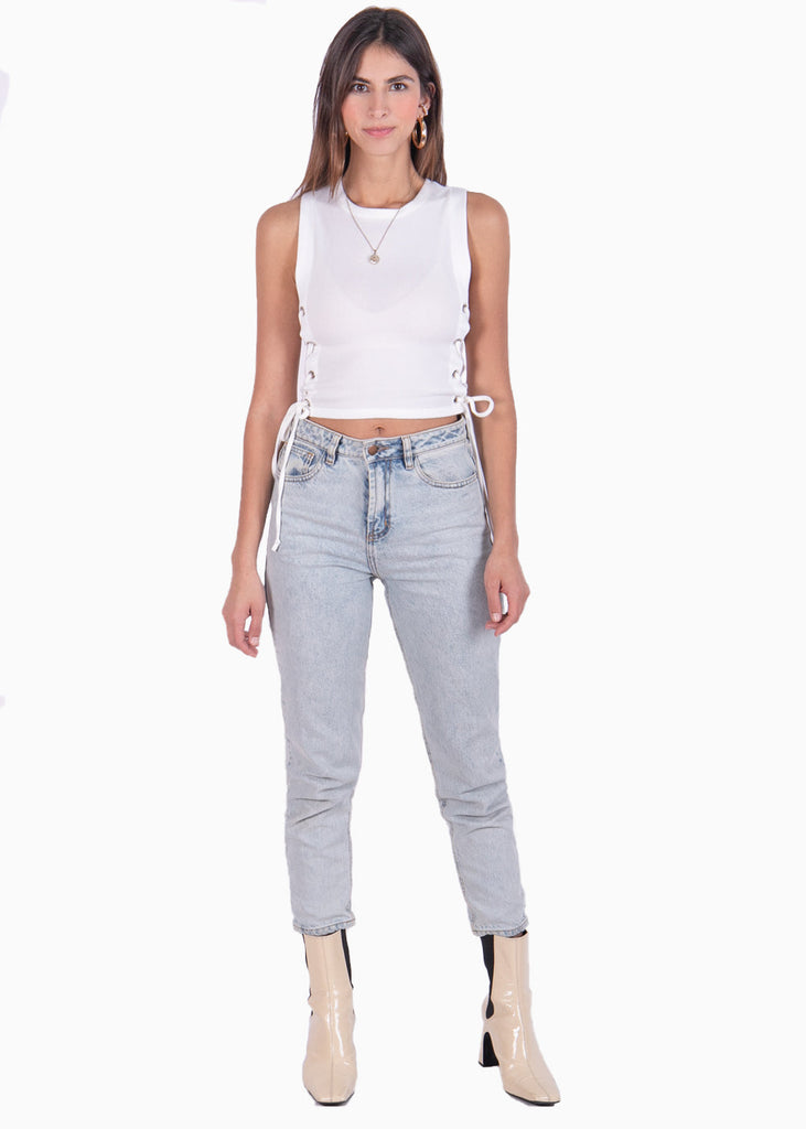 Blusa manga sisa con anudados en costados color blanco para mujer - Flashy