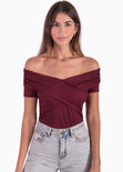 Blusa off shoulder con cruce en escote color vino para mujer - Flashy