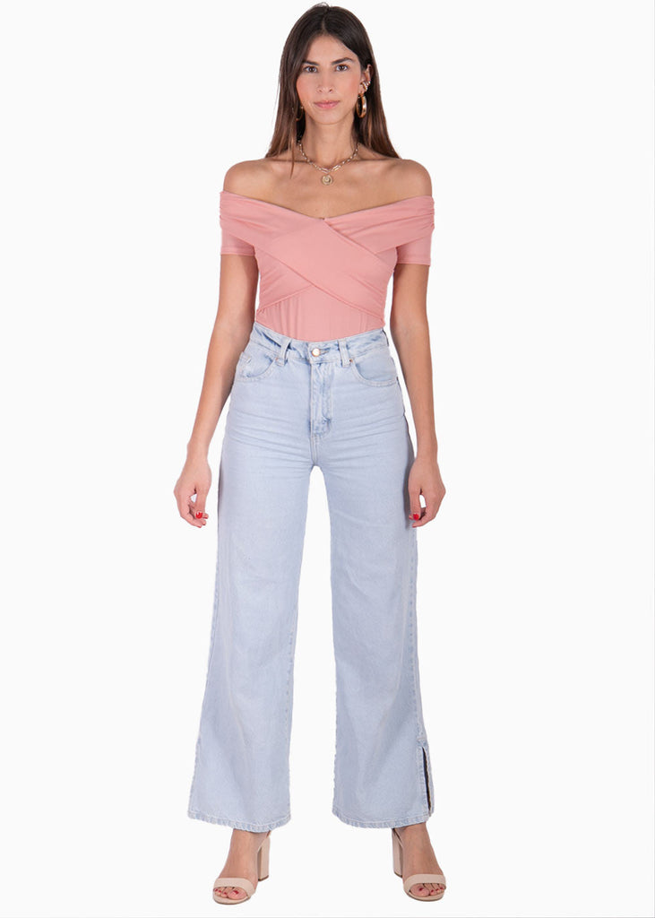 Blusa off shoulder con cruce en escote color rosado para mujer - Flashy