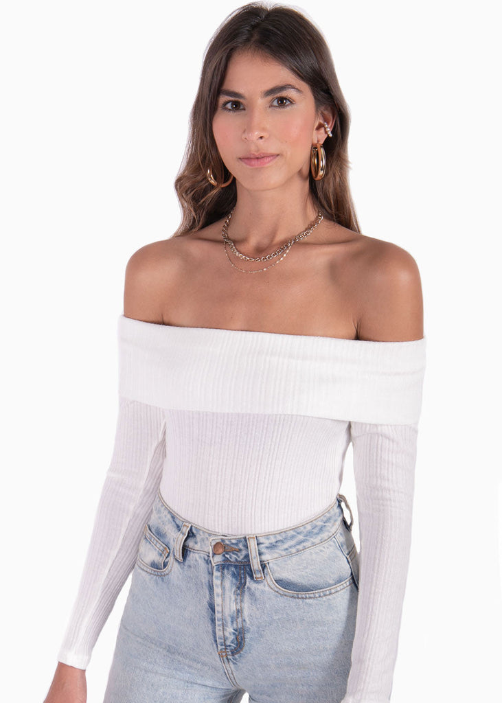 Blusa off shoulder manga larga color blanco para mujer - Flashy