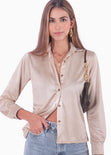 Blusa satinada manga larga con botones y cuello color beige para mujer - Flashy