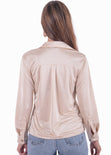 Blusa satinada manga larga con botones y cuello color beige para mujer - Flashy
